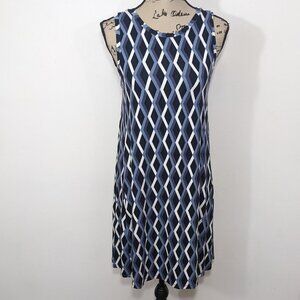 NWT $60 LOFT Blue White Geo Diamond Print Sleeveless Casual A-Line Dress SP